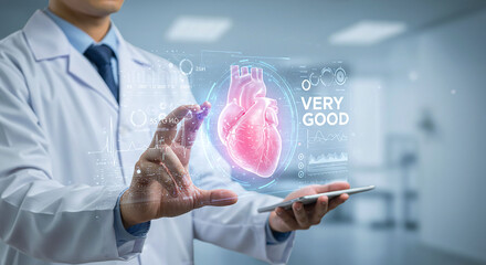 Doctor interacting with a holographic display of a heart and the words very good in a bright room