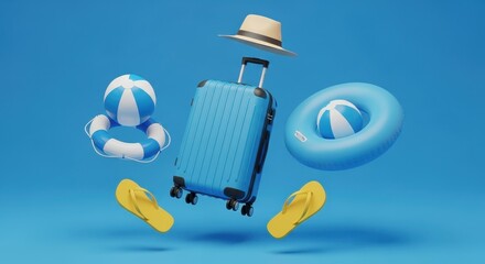 Suitcase, hat, sandals, and inflatable toys floating on blue background