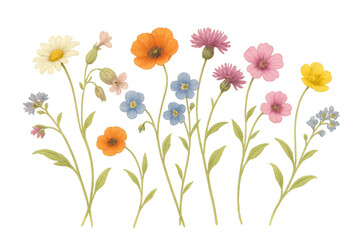Fototapeta premium Blooming colorful wildflowers with vibrant green stems create a lively display against a transparent background, celebrating nature's beauty