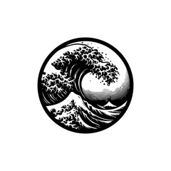 Dramatic Black and White Woodcut Style Ocean Wave Encircled.