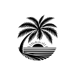 Fototapeta premium Palm Tree and Sunset Silhouette – Tropical Beach Scene in Black and White