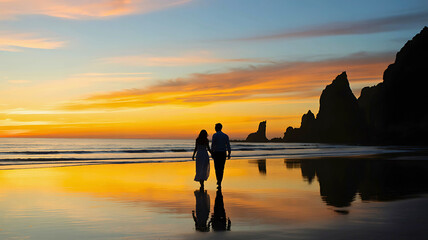 Romantic couple holding hands walking on a beach at golden sunset