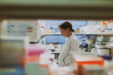 Obraz premium Pregnant scientist in lab coat focused on research in laboratory filled with scientific equipment and supplies