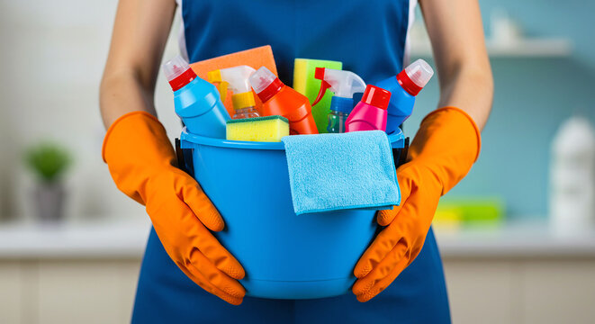 Person holding a blue bucket filled with cleaning supplies wearing orange gloves and a blue apron