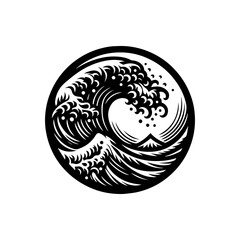 Intricate Black and White Wave Design Within a Circular Frame.