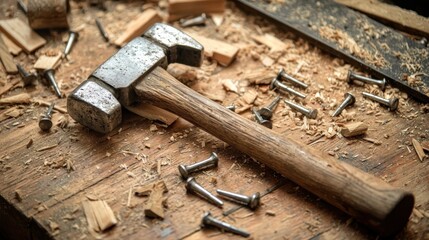 A close-up of a claw hammer resting on a workbench surrounded by scattered nails and wood shavings