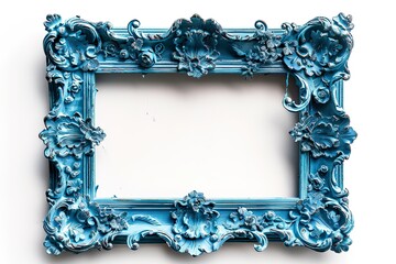 single bright blue ornate vintage picture frame with delicate floral carvings transparent background 
