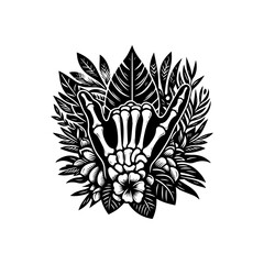 Intricate Skeleton Hand Gesture Surrounded by Floral and Leafy Embellishments.