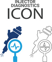Injector diagnostics: Line art icons, such as turbocharger diagnostics, fuel injector, turbine, spark plug, and more. Vector illustration. Easily changes to any color.