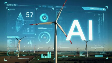 Wind turbines with AI technology interface emphasizing sustainability   - Powered by Adobe