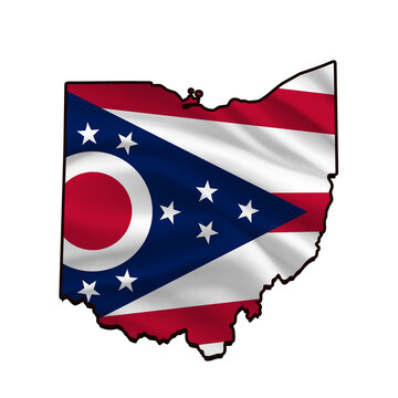 Ohio state flag in state map shape, waving flag cutout