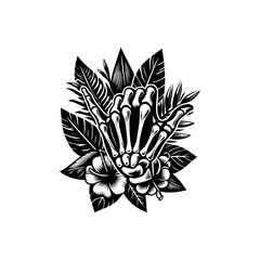 Intricate Black and White Skeleton Hand Gesture Amidst Tropical Foliage.