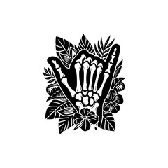 Skeletal Hand Shaka Sign Tropical Floral Design.