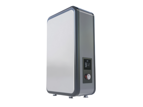 Modern silver electronic device with digital display isolated on a transparent background