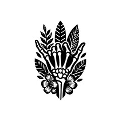 Intricate Black and White Skeleton Hand Design with Tropical Leaves and Flowers.