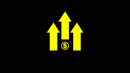 Dollar sign icon and up arrow isolated on black background. Money, profit, investment, growth business.