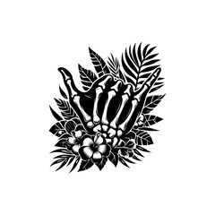 Intricate Skeleton Hand Gesture Amidst Tropical Flora.