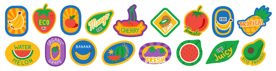 Set of fruit stickers designed to imitate produce labels. Ideal for scrapbooking, journaling, packaging mockups, or creative sticker collections with a fun, fruity theme.