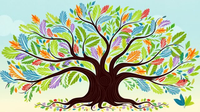 Tree of life with leaves, vector illustration of a colorful tree with roots video