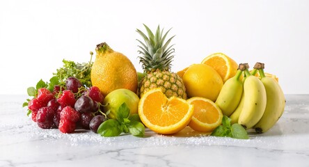 Fresh Fruits Arrangement Vibrant Pineapple, Orange, Lemon, Grapes, and Bananas