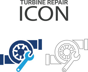 Turbine repair Line art icons, such as turbocharger diagnostics, fuel injector, turbine, spark plug, and more. Vector illustration. Easily changes to any color.