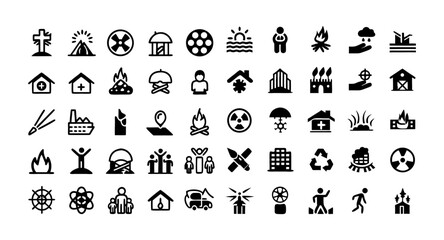 War Consequences Line Icon Set – Thin Linear Vector Pictograms of Destruction, Displacement, Humanitarian Crises, Refugee Camp, Mass Migration, Power Outage, Graveyard, and Orphan Child