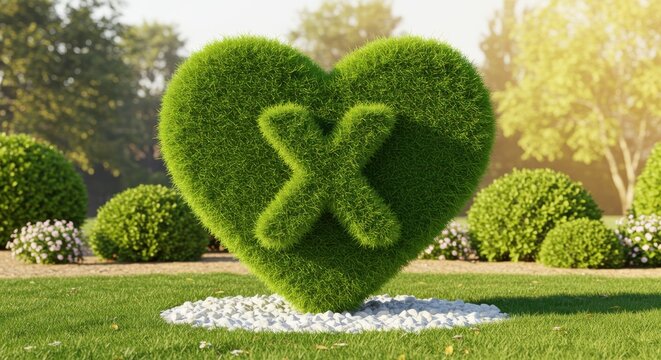 Heart shaped topiary with an x carved into it on a white background isolated on white background