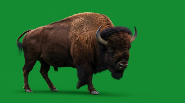 A brown bison with a thick mane and horns stands against a green background