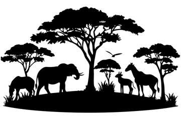 Fototapeta premium Vector art of silhouette of a wild landscape with wild animals 