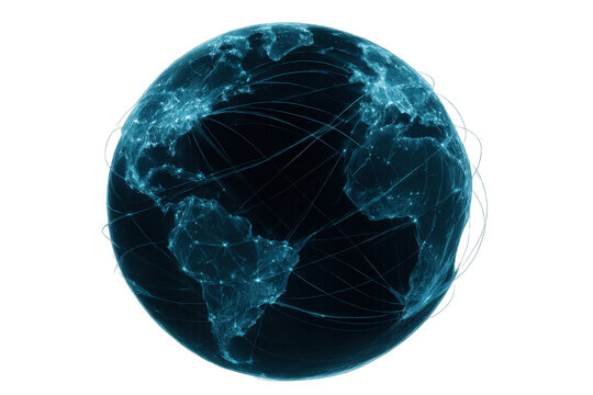 Planet earth rotating against a transparent background, illustrating an interconnected global network with vibrant lines and points