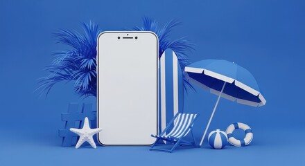Summer vacation themed smartphone mockup with beach accessories on blue background