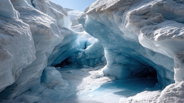 Glacial ice cave entrance in a mountain landscape.