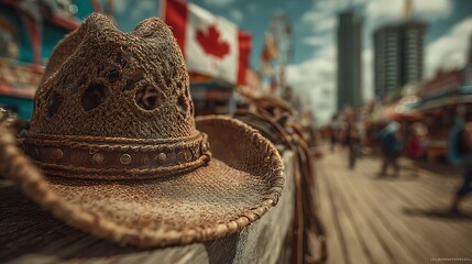Man tipping cowboy hat with Canadian flag in background at Calgary Stampede fair