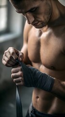 Naklejka premium Muscular man wraps hands, preparing for intense workout; serious, determined mood; close-up, cinematic style.