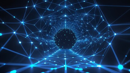 Futuristic Blue Network Tunnel: Abstract Cybernetic Grid with Glowing Connections and Light