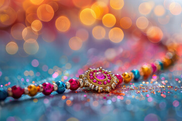 Fototapeta premium colorful rakhi woven with pearls on blur background