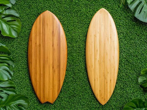 sustainable sports gear with eco-friendly minimalism. Sleek, eco-conscious surfboards with bamboo laminates and bio-resin finishes