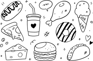 Food doodle background. Vector illustration. Fastfood draw hand concept