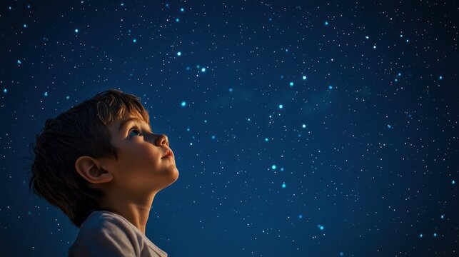 A child looking up in wonder at a night sky filled with stars, representing curiosity beyond their ken