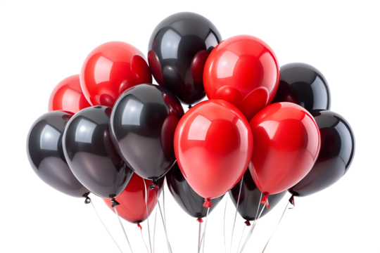 A festive bunch of red and black balloons floating together, isolated on a transparent background