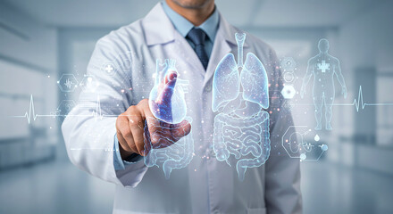 Doctor touching digital human organs interface in a modern medical environment setting display screen