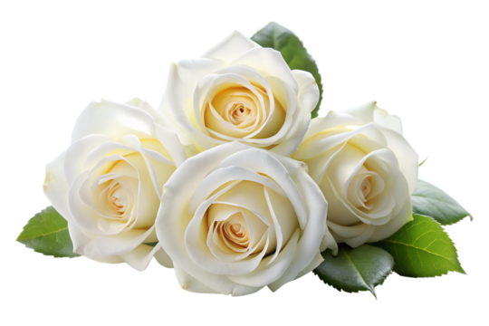 A cluster of delicate white roses with green leaves isolated on a transparent background - Powered by Adobe