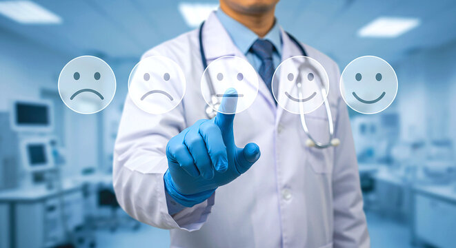 Doctor in lab coat selecting neutral face from feedback icons with blue gloved hand in hospital room