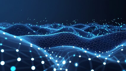 Abstract Blue Digital Landscape: Futuristic Grid of Connected Luminous Particles and Waves