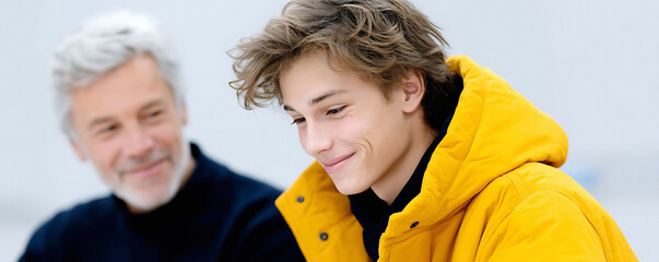 Warm image showing intergenerational connection and mentorship. A smiling young man with a yellow jacket looks down, as an older man smiles in the background.