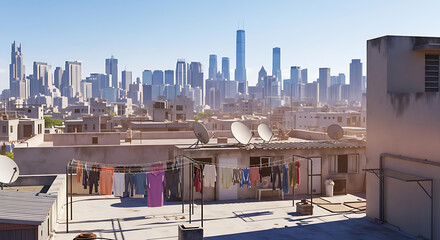 Urban rooftop with city skyline in the distance, laundry lines and satellite dishes, clear midday sky, shadows and heatwaves visible.