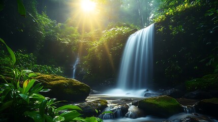 Lush tropical rainforest waterfall bathed in golden sunbeams creating a serene and mystical atmosphere