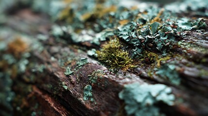 Macro view of weathered wood texture covered in vibrant green moss and pale blue lichen