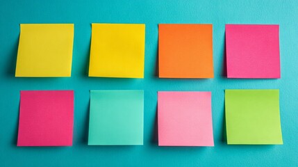 Assortment of colorful sticky notes laid flat on a turquoise background, with space for copy