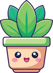 Kawaii succulent plant in a cute pot with a happy smiling face. Vector cartoon character illustration.
